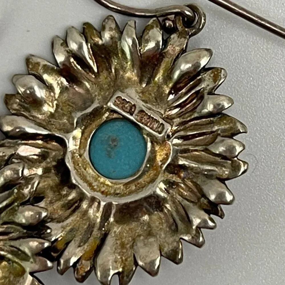 925 Sterling Silver Turquoise‎ Sunflower Earrings – Oxidized Vintage Style